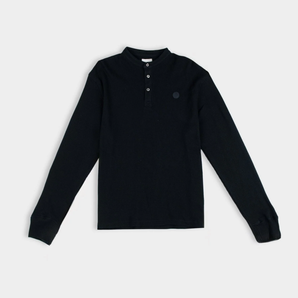 Ben Sherman Henley Long Sleeve Waffle Knit - Black